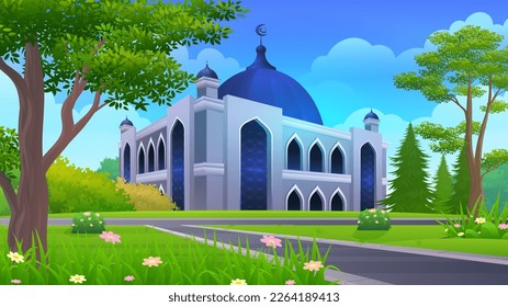 Beautiful Scene of mosque with the Lush Garden vector illustration