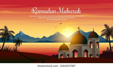 Beautiful Scene of mosque with sea, mountain sunset landscape vector illustration