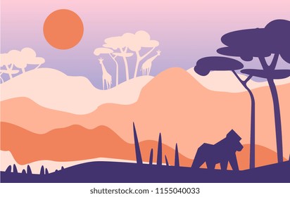 Beautiful scene of nature, peaceful Afrian landscape with moutains, giraffes and gorilla, template for banner, poster, magazine, cover horizontal vector Illustration