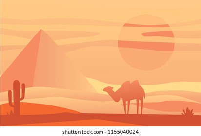 Beautiful scene of nature, peaceful desert landscape with camel at evening time, template for banner, poster, magazine, cover horizontal vector Illustration