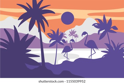 Beautiful scene of nature, peaceful tropical landscape with lake and flamingos at evening time, template for banner, poster, magazine, cover horizontal vector Illustration