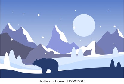 Beautiful scene of nature, peaceful winter mountain landscape with bear at night, template for banner, poster, magazine, cover horizontal vector Illustration