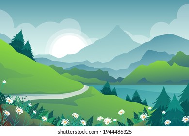 Beautiful scene of nature with sun rising over mountrain in the morning, lanscape vector illustration