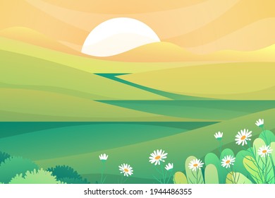 Beautiful scene of nature with sun rising over mountrain in the morning, lanscape vector illustration