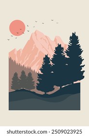 Beautiful scene of nature at sunrise vector illustration. Silhouette of forest in mountains poster. Kobuk Valley