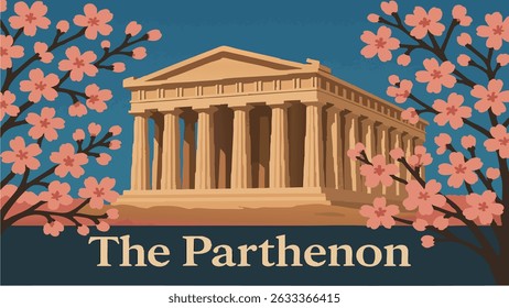 A beautiful scene of the Parthenon in Athens, with pink cherry blossoms in full bloom surrounding the ancient ruins, capturing the harmonious blend of nature and history 