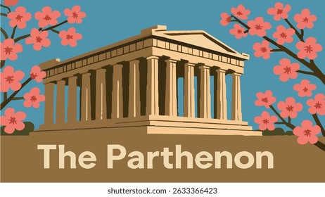 A beautiful scene of the Parthenon in Athens, with pink cherry blossoms in full bloom surrounding the ancient ruins, capturing the harmonious blend of nature and history 