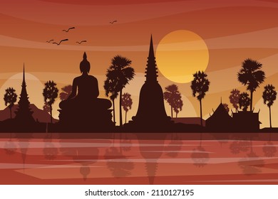 Beautiful scene with silhouette of large buddha and pagoda in temple Landmarks in thailand, shadow in water on sunset time at countryside, graphic for Post card or Poster Design , vector illustration 