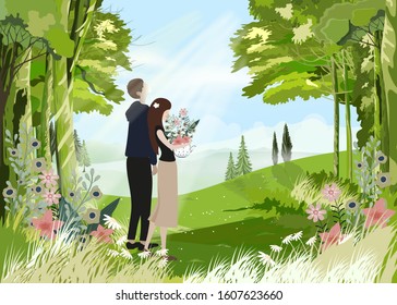 Beautiful scene spring field embracing lover in love,man and woman walking in green park,Couple of young people in romantic landscape with forest tree in sunny day summer,Vector suitable for valentine