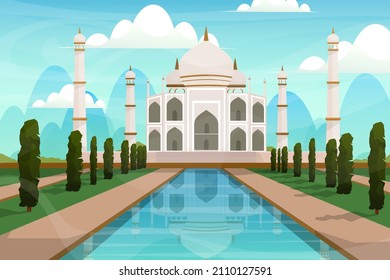 Schöne Szene mit Taj Mahal in Mumbai. Weltberühmte indische Touristenattraktion Symbol.Design Postkarte oder Reiseplakat, Vektorgrafik.