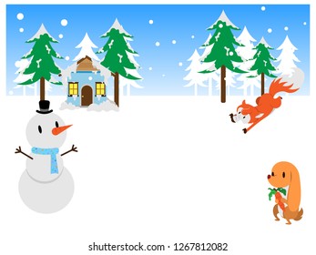 Beautiful scene of winter season, rabbits and foxs play in the snow, snowman front at home, white background, Flat design - Cartoon Vector