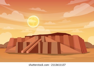 Beautiful scene of ziggurat in Iraq, Mesopotamian architecture Historical landmark in Asia, tourist attraction design postcard or travel poster, Vector illustration