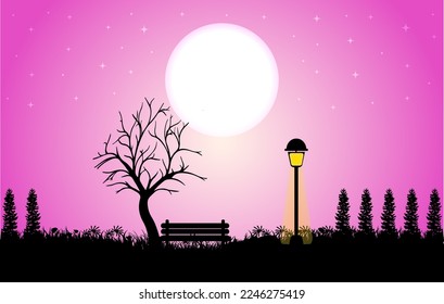 Beautiful Scenery background vector, illustration, Romantic Scenery vector illustration, 
Moonlight Scenery with stars on the night sky, beautiful Midnight background