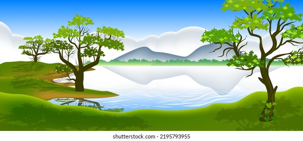 Beautiful Scenery By The Lake During The Day With Clear Skies And White Clouds On The Top Of The Mountain, Vector Illustration Devoted To Mobile Or Computer Wallpaper Design.