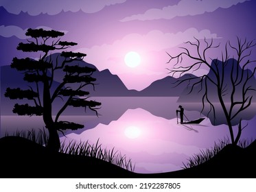 Beautiful scenery by the lake at dusk with a fisherman on his small boat, visual objects about nature suitable for illustration design, backgrounds, templates and collections