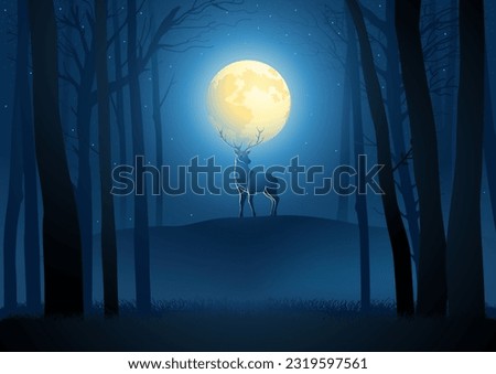 Beautiful scenery of a deer during full moon in the woods, vector illustration