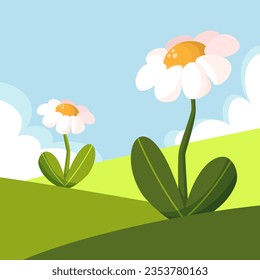 bello paisaje, campos, flores de camomila, nubes, estilo de dibujos animados, vector, ilustración, aislado