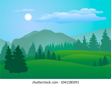 Beautiful scenery with forest and mountains. Spring or summer. Vector illustration.