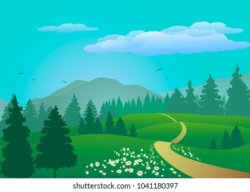 Beautiful scenery with forest and mountains. Spring or summer. Vector illustration.