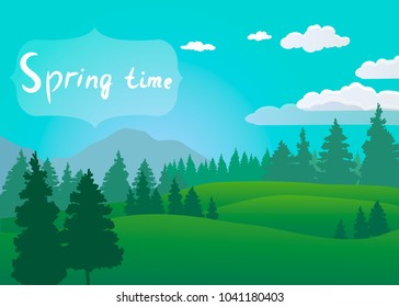 Beautiful scenery with forest and mountains. Spring or summer. Vector illustration.
