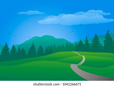 Beautiful scenery with forest and mountains. Spring or summer. Vector illustration.  