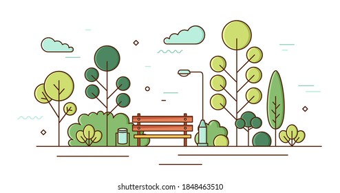 Beautiful scenery of garden square with trees, bushes, benches and street light. Colorful line art city park landscape. Local outdoor recreational area. Vector colored linear illustration