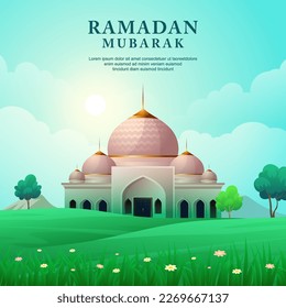 Beautiful scenery of islamic mosque building with green yard