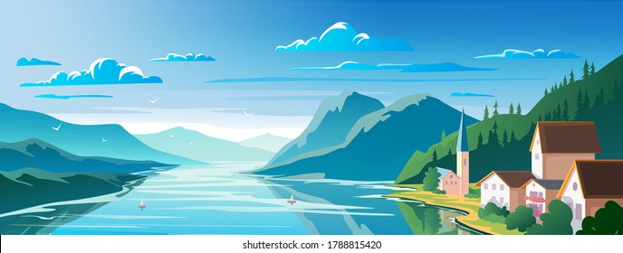 Beautiful scenery, mountain lake and a houses on the shore Panoramic view