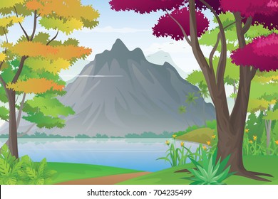 Beautiful Scenery of Mountain and River from a Hill, Vector Illustration
