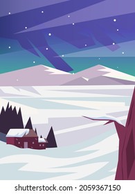 Beautiful scenery of nature landscape in winter with snow, forest, mountains, and cabin. Banner background vector illustration