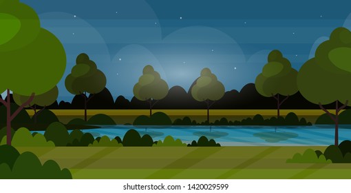 beautiful scenery in nature of river with trees around night summer landscape background flat horizontal