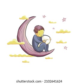beautiful scenery showing the young boy sitting on the crescent moon and hugging white cat. Illustration for postcard, children book, and fantasy design
