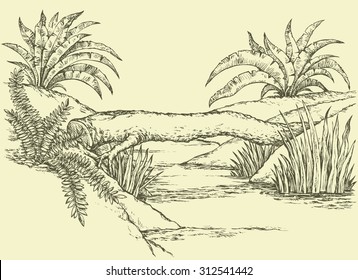 Beautiful scenery small rivulet with reeds, lush green grass and palm shrubs on riverside. Vector freehand ink drawn backdrop sketch view in art doddle style pen on paper with space for text on sky