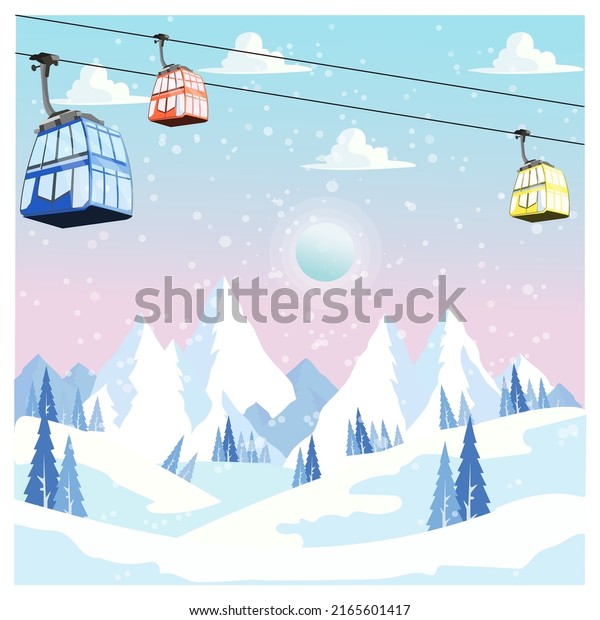 beautiful scenery snowfall hill with ski\
lift illustration.