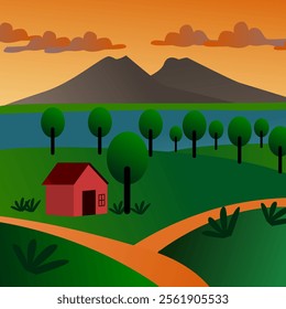 beautiful scenery sunset in afternoon, vector illustration, flat design, beautiful background.