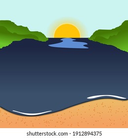 Beautiful scenery vector with the view of the sunrise between two islands.