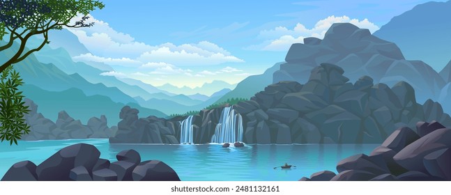 Schöne Landschaft von Wasserfall und Felsformationen.