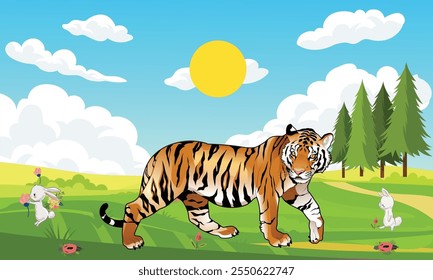 Bela paisagem com tigre selvagem e coelhos