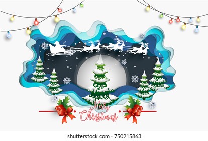 beautiful scenery in winter with christmas tree and santa clause. design paper art and crafts