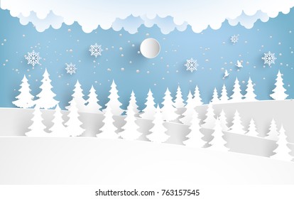 beautiful scenery in the winter with pine trees and snowy hills. design paper art and crafts