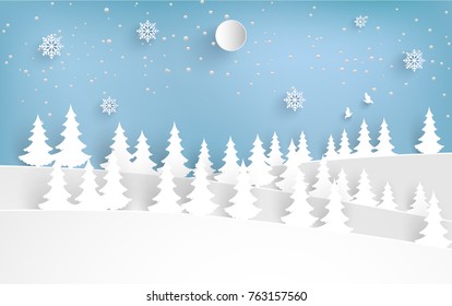 beautiful scenery in the winter with pine trees and snowy hills. design paper art and crafts