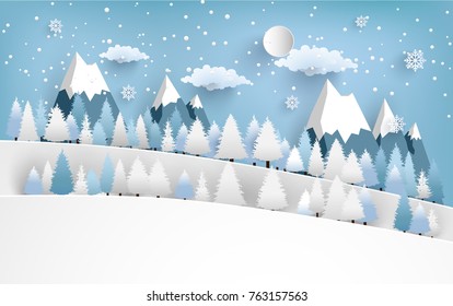beautiful scenery in the winter with pine trees and snowy hills. design paper art and crafts