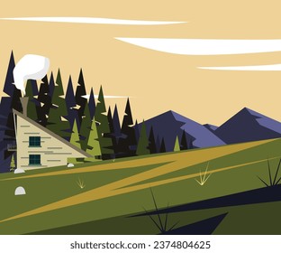 beautiful scenic design with cabin in the middle of the mountain