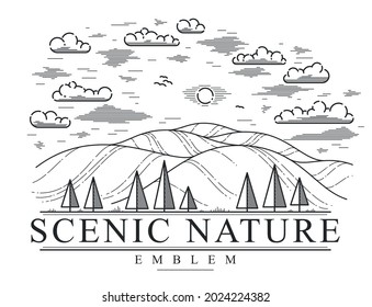 Beautiful scenic grasslands and pine trees vector linear emblem isolated on white, outdoor hiking camping ant travel active lifestyle logo, line art drawing rural nature badge.