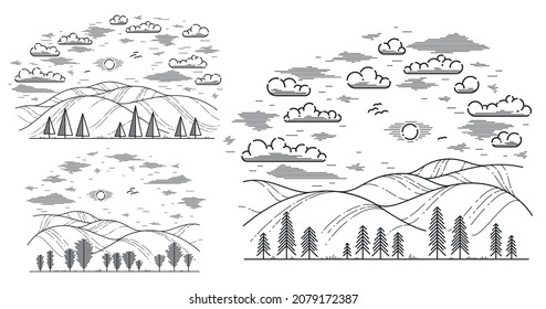 Hermosas praderas y pinos ilustraciones lineales vectoriales aisladas en blanco, acampada al aire libre de acampada de hormigas, estilo de vida activo, dibujo de líneas naturales.