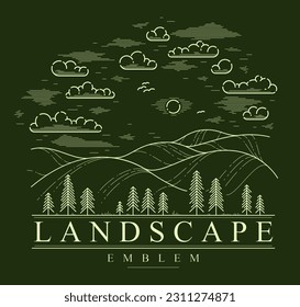 Beautiful scenic grasslands and pine trees vector linear emblem on dark, outdoor hiking camping ant travel active lifestyle, line art drawing nature logo.