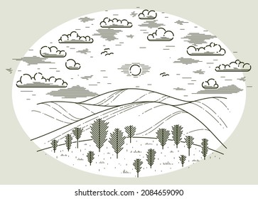 Schöne landschaftlich schöne Graslandschaften und Bäume Vektorgrafik einzeln auf Weiß, Outdoor-Wandercamping Ameisenweg aktiver Lifestyle, Line Art Zeichnen Natur.