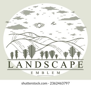 Beautiful scenic grasslands and trees vector linear emblem isolated on white, outdoor hiking camping ant travel active lifestyle logo, line art drawing nature countryside.