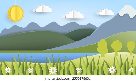 A beautiful scenic nature illustration depicting majestic mountains, serene water, and a bright sun