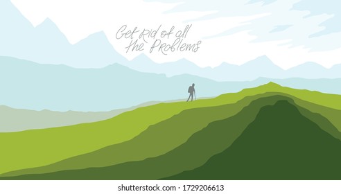 Beautiful scenic nature landscape with traveler pilgrim vector illustration summer or spring season with grasslands meadows hills and mountains, hiking traveling trip to the countryside concept.